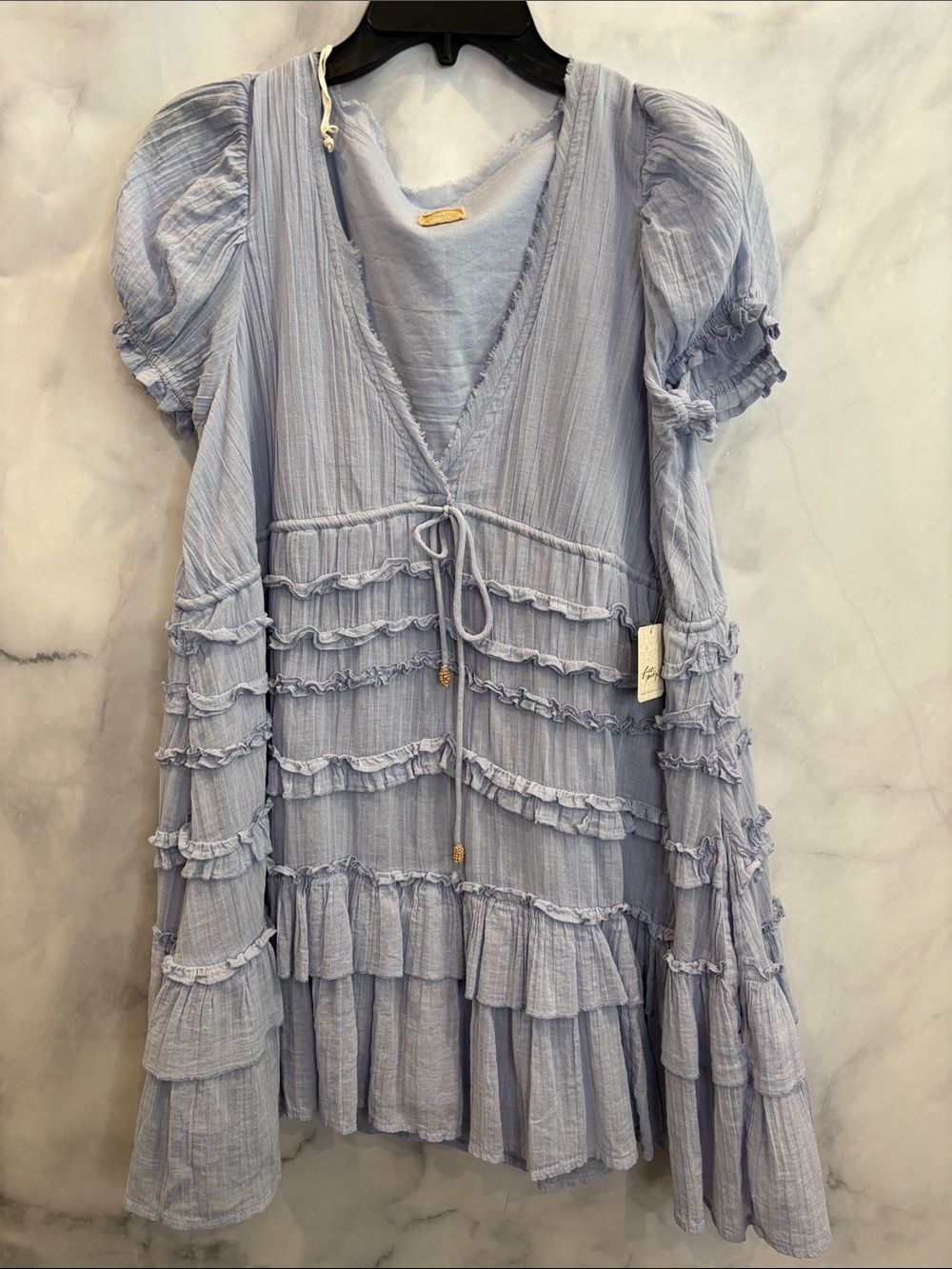 Free People Pale Blue Ruffle Tie-Front Mini Dress